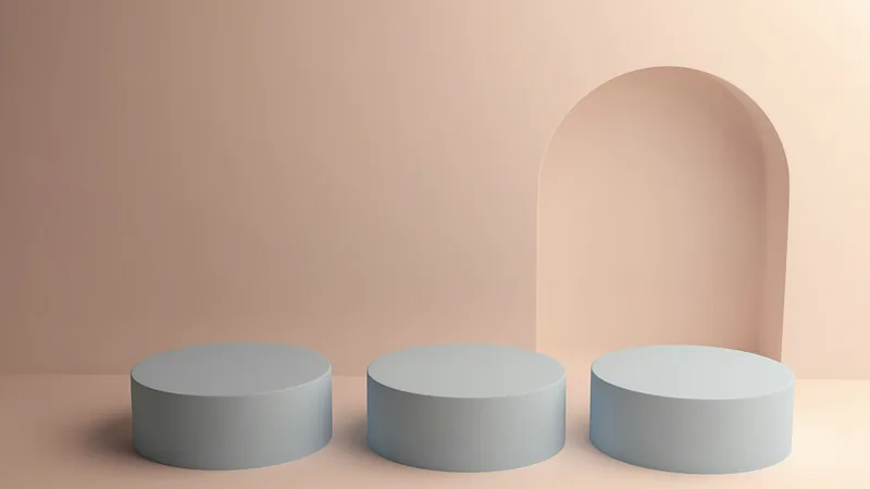 Three empty light blue pedestals in front of an arched doorway on a peach wall.
